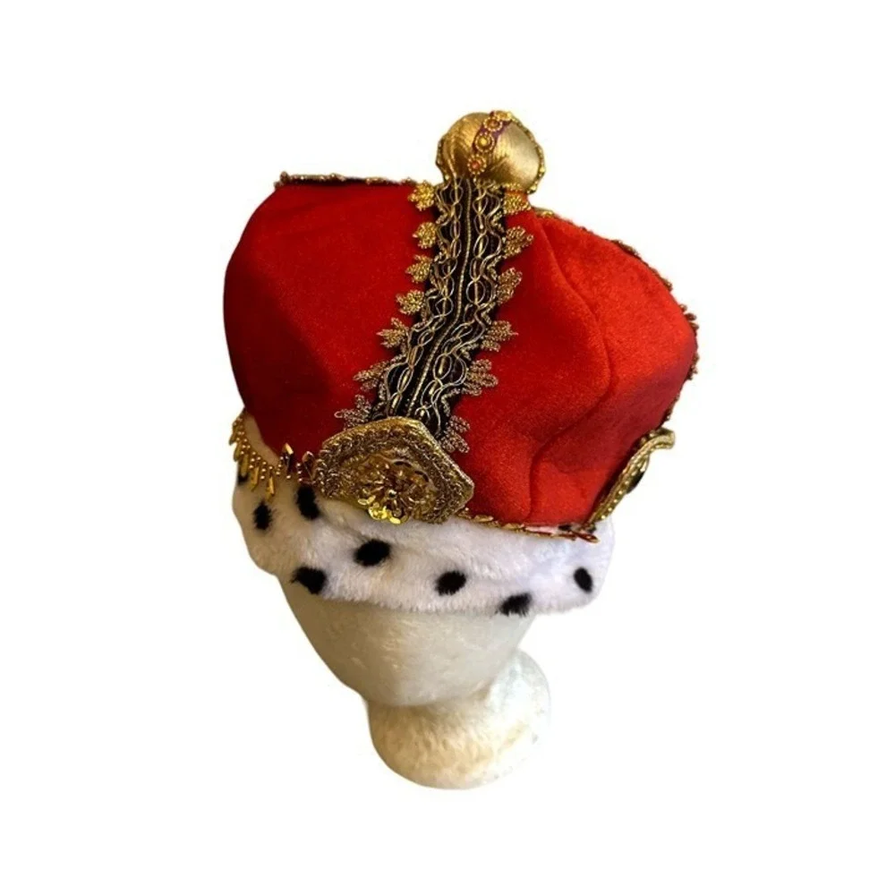 King Costume Fabric Crown Red Gold Hat Cap One Size Embellished Jewels